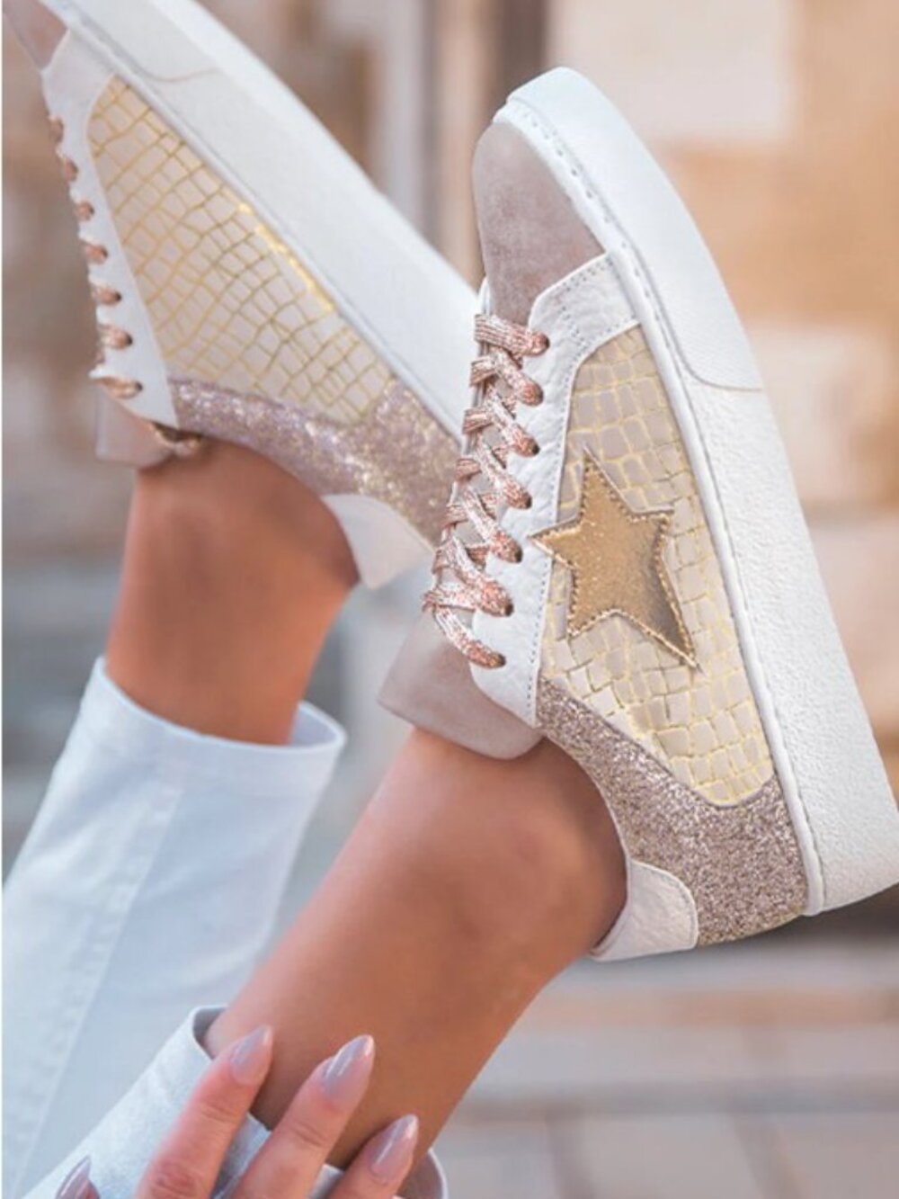 Gold Glitter Star Patchwork Leather Lace-Up Sneakers - Picture 6 of 16